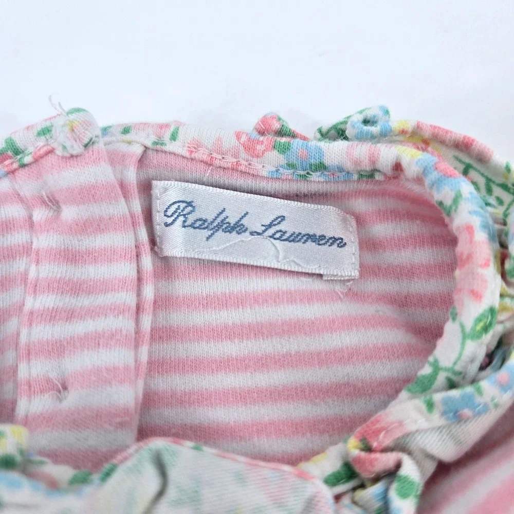 Polo Ralph Lauren Baby Girl‎ Pink White Striped Floral Ruffle Bubble Romper 6M